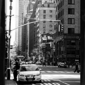 New York Police car sort/hvid plakat højglans sort ramme